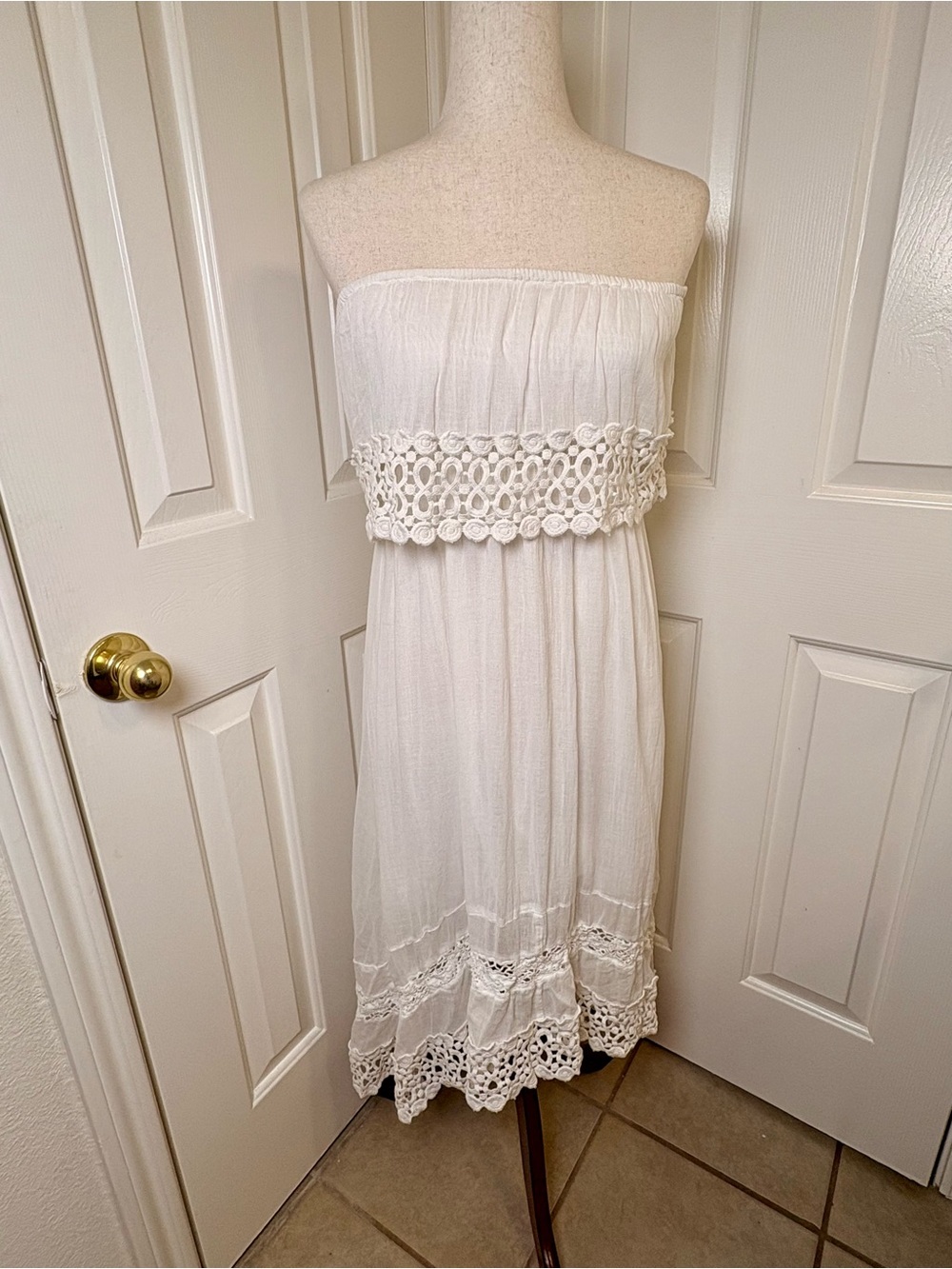 SOL White Lace Boho Strapless Midi Dress Western Vacation Small